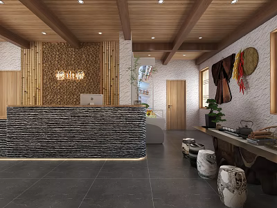 Hotel Lobby Interior Design With Wooden Ceiling Beams Stone Reception Desk And Traditional Decorations 3d model