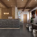Hotel Lobby Interior Design With Wooden Ceiling Beams Stone Reception Desk And Traditional Decorations