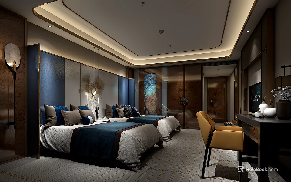 Modern Hotel Guest Room With Twin Beds Blue Gray Bedding Desk Chair And Soft Lighting 3d model 