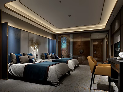 Modern Hotel Guest Room With Twin Beds Blue Gray Bedding Desk Chair And Soft Lighting 3d model