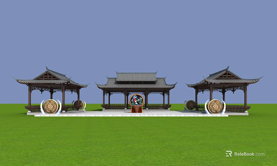 Chinese Traditional Garden Featuring Three Pavilions With Traditional Roofs Green Lawn And Decorations 3d model 