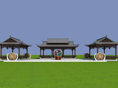 Chinese Traditional Garden Featuring Three Pavilions With Traditional Roofs Green Lawn And Decorations 3d model