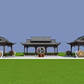 Chinese Traditional Garden Featuring Three Pavilions With Traditional Roofs Green Lawn And Decorations