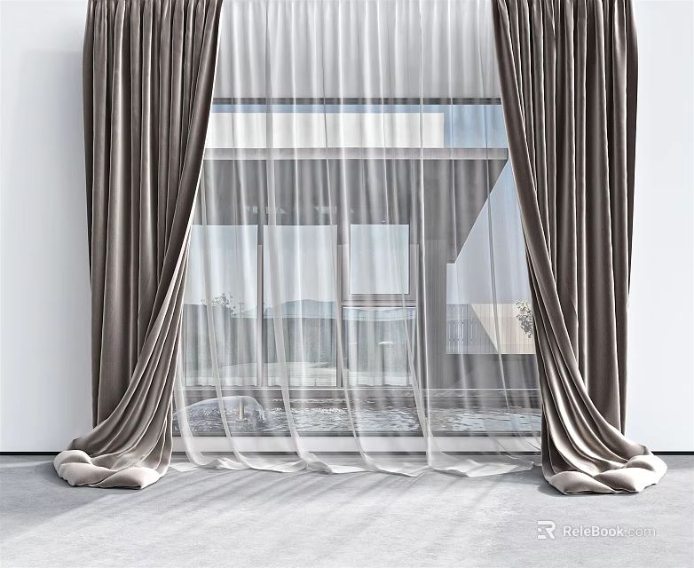 Gray Layered Velvet Curtains with White Sheer and Thick Dark Gray Panels for Modern Window 3d model 