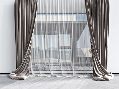 Gray Layered Velvet Curtains with White Sheer and Thick Dark Gray Panels for Modern Window 3d model