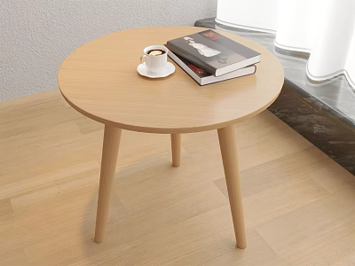 Light Wooden Round Table With Coffee Cup Books And Window View 3d model