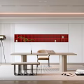 Modern Study Room With Long Table Red Shelves And Floor Lamp 3d model