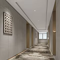 Hotel Corridor With Gray Walls Wooden Accents Decorative Artwork End Window And Carpeted Floor