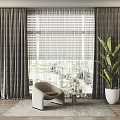Dark Striped Curtains With Window Blinds Chair And Plant In Modern Living Room