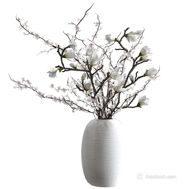 White Striped Vase With White Magnolia Blossoms And Brown Branches 3d model 
