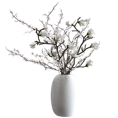 White Striped Vase With White Magnolia Blossoms And Brown Branches 3d model