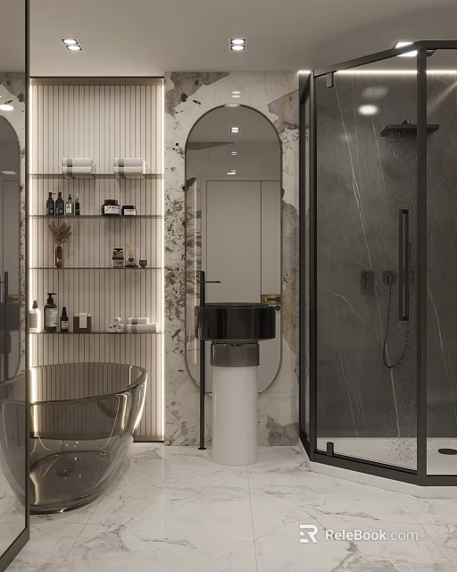 Modern Bathroom Interior With Freestanding Bathtub Large Mirror Open Shelves And Shower Space 3d model 