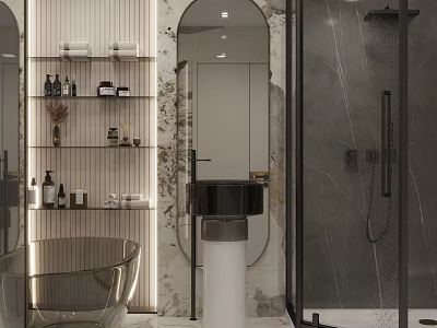 Modern Bathroom Interior With Freestanding Bathtub Large Mirror Open Shelves And Shower Space 3d model
