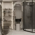 Modern Bathroom Interior With Freestanding Bathtub Large Mirror Open Shelves And Shower Space
