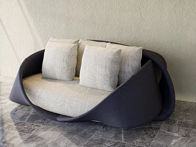 Unique Curved Fabric Sofa With Dark Frame And Light Cushions In Modern Living Room 3d model