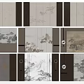 Chinese Style Sofa Background Wall With Landscape Patterns And Wooden Frames 3d model