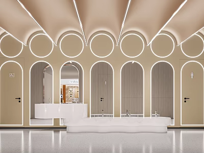 Modern Public Restroom Design With Arched Doors And Lighting 3d model