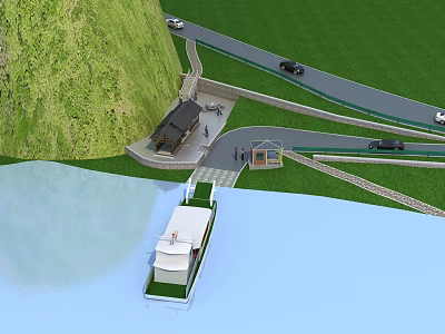 Scenic View Of Green Hillside With Winding Road Vehicles Small Buildings And Boat On Water 3d model