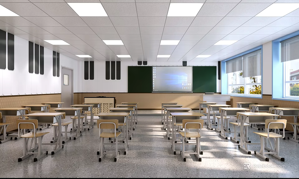 School Classroom Interior with Desks Chairs Blackboard Projector Screen Windows and Ceiling Lights 3d model