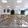 School Classroom Interior with Desks Chairs Blackboard Projector Screen Windows and Ceiling Lights 3d model