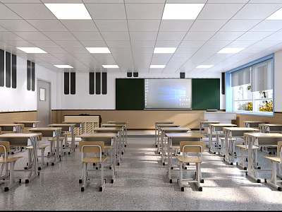 School Classroom Interior with Desks Chairs Blackboard Projector Screen Windows and Ceiling Lights 3d model