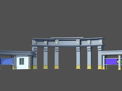 Classical Style Building Exterior Wall With Gray Main Body Golden Decorations And Blue Accents 3d model