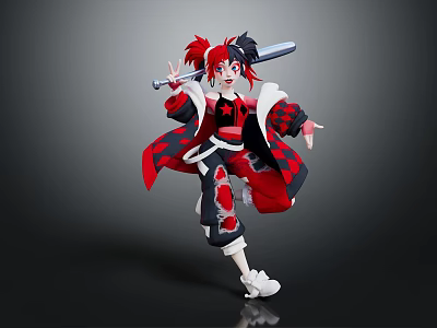 Anime Style Character With Red Black Hair Holding Sword In Dynamic Red Black Checkered Outfit Pose 3d model