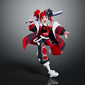 Anime Style Character With Red Black Hair Holding Sword In Dynamic Red Black Checkered Outfit Pose