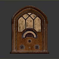 Vintage Wooden Radio Electronic Appliance With Arch Top And Control Knobs
