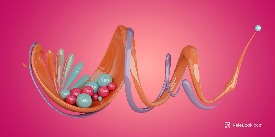 Modern Decorative Ornament Arrangement with Orange Purple Wavy Elements and Colorful Balls on Pink Background 3d model 
