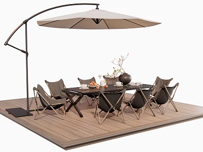 Elegant Outdoor Table with Cantilever Umbrella and Chairs on Wooden Deck with Decorative Items 3d model