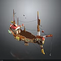 Colorful Vintage Fishing Boat With Red Mast Ropes And Decorative Elements