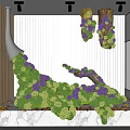 Indoor Landscape Featuring Sculptural Green and Purple Plants with Wooden Accents and Marble Base