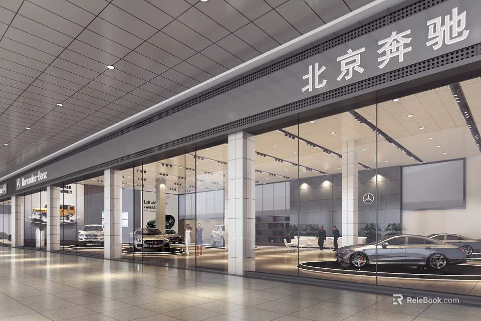 Modern Beijing Mercedes Benz Car Dealership With Glass Facade And Displayed Cars 3d model 