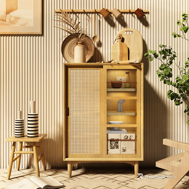 Wooden Sideboard With Rattan Glass Doors Open Shelves Storage And Decorative Plants 3d model 