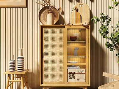 Wooden Sideboard With Rattan Glass Doors Open Shelves Storage And Decorative Plants 3d model