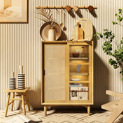 Wooden Sideboard With Rattan Glass Doors Open Shelves Storage And Decorative Plants 3d model