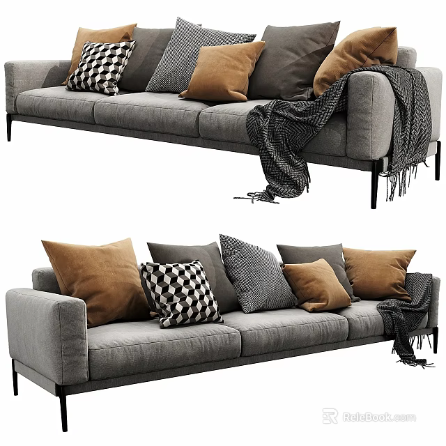 Modern Gray Three Seater Sofa With Brown Checkered Pillows And Gray Throw Blanket 3d model
