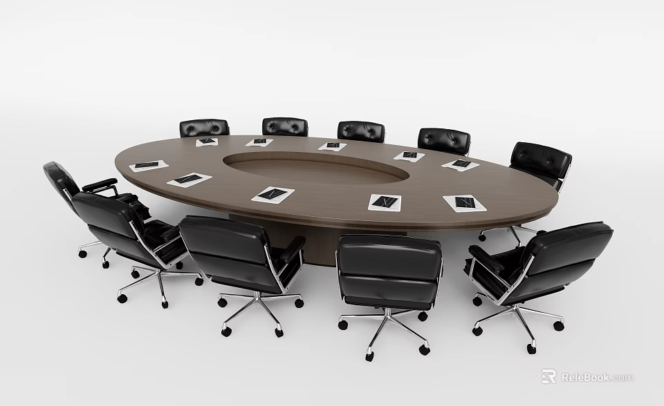 Oval Conference Table With Black Office Chairs And Tablets On Top 3d model 
