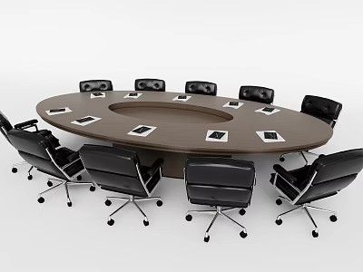 Oval Conference Table With Black Office Chairs And Tablets On Top 3d model