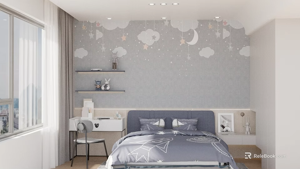 Kids Room Interior With Starry Sky Wallpaper Bed Bookshelf And Moon Stars Decor 3d model 