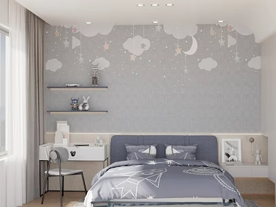 Kids Room Interior With Starry Sky Wallpaper Bed Bookshelf And Moon Stars Decor 3d model