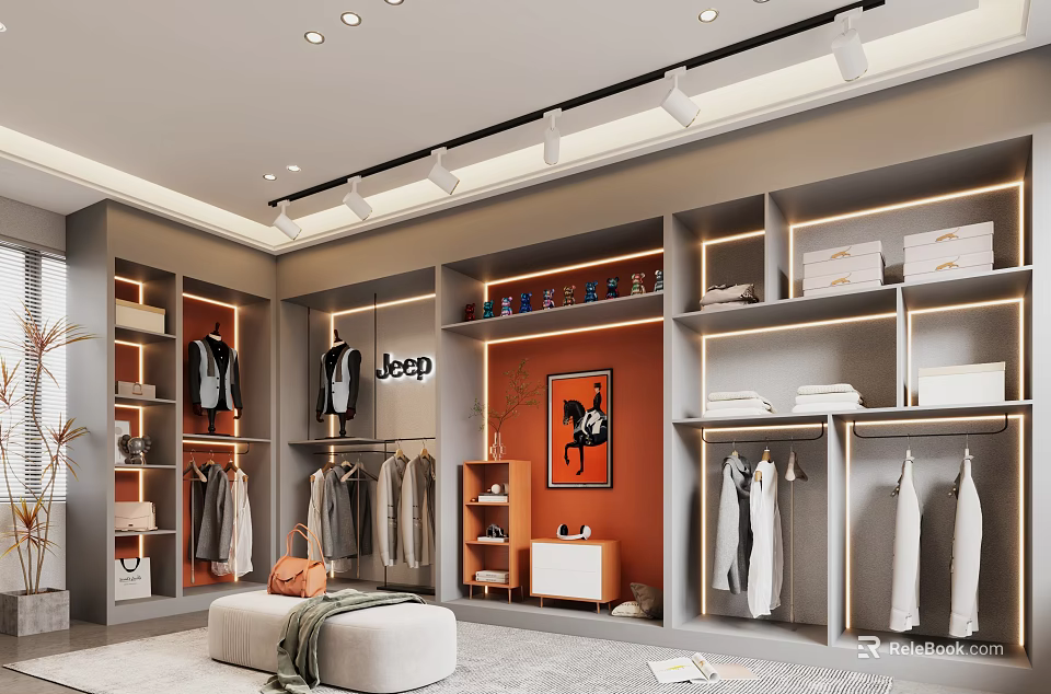 Modern Clothing Store Interior With Jeep Orange Wall Painting Clothing Racks Shelves And Round Ottoman 3d model 