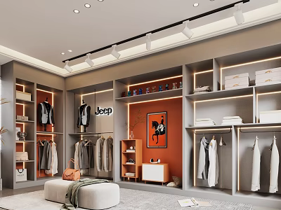 Modern Clothing Store Interior With Jeep Orange Wall Painting Clothing Racks Shelves And Round Ottoman 3d model
