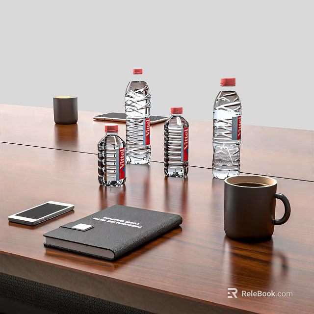 Refreshing Bottled Water Display With Black Mugs Mobile Phone And Notebook On Wooden Table 3d model 