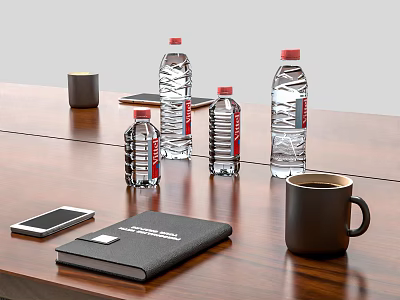 Refreshing Bottled Water Display With Black Mugs Mobile Phone And Notebook On Wooden Table 3d model