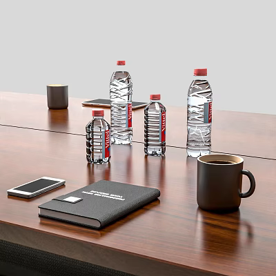 Refreshing Bottled Water Display With Black Mugs Mobile Phone And Notebook On Wooden Table 3d model