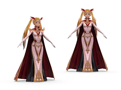 Fantasy Game Character Design With Blonde Hair Red Cape And Ornate Dress 3d model