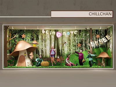 Enchanting Shop Window Display With Mushroom House Green Grass Trees Figures And BE HAPPY Sign 3d model