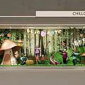 Enchanting Shop Window Display With Mushroom House Green Grass Trees Figures And BE HAPPY Sign